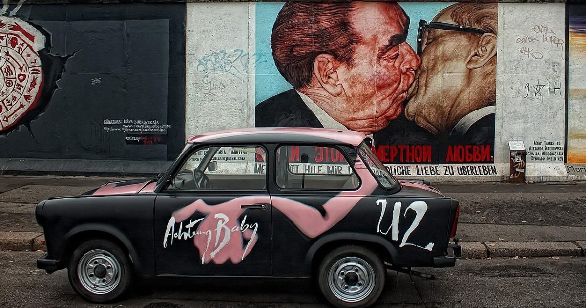 Berlin wall, car, graffiti, wall art, painted, vehicle, old car, vintage, monument, open-air gallery, road, street, city, urban, east side gallery, car wallpapers, berlin, germany