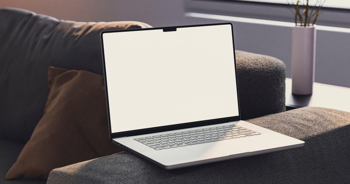 Laptop, living room, laptop screen, copy space, blank screen, design, template