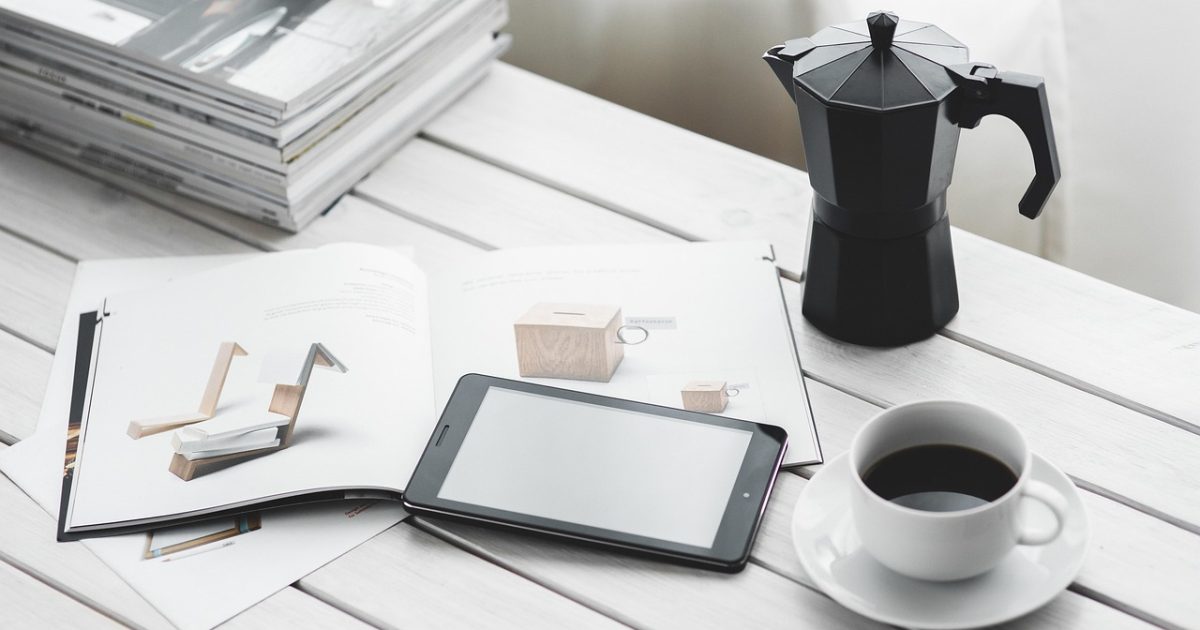 Technology, tablet, digital tablet, computer, coffee cup, device, desk, coffee, cup, magazines, leisure